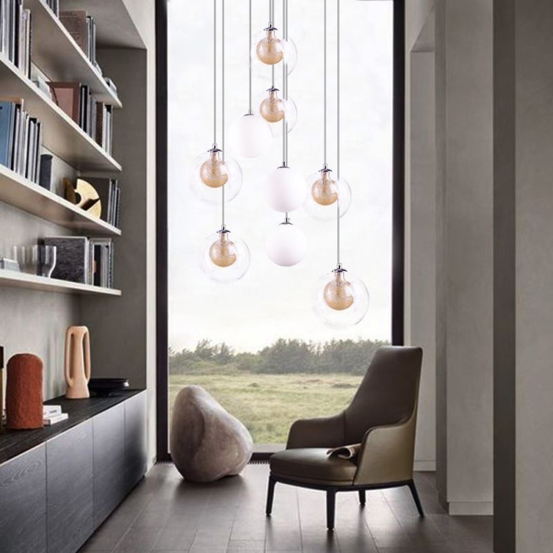Pendant Light Glass Cluster Ceiling Light Gold Nickel Brushed+Milky Glass Ball