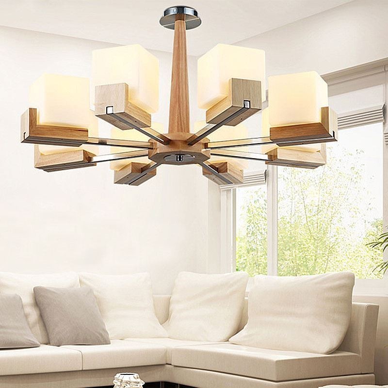 Nordic Wood Pendant Light Glass Lampshade Chandelier