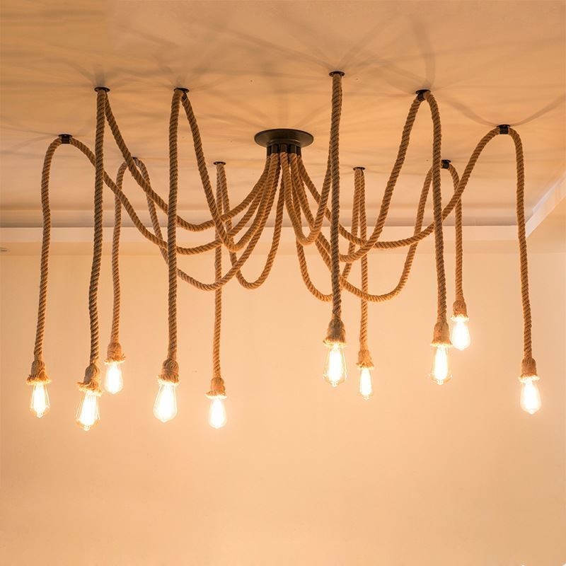 Retro Style 6 10 Heads Pendant Light Hemp Rope Chandelier Vintage Ceiling Light