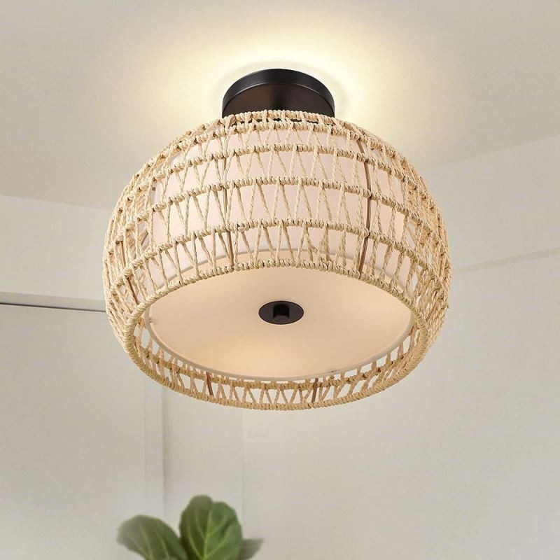Paper Rope Fabric Flush Mount 32cm Round Lampshade 3 Lights