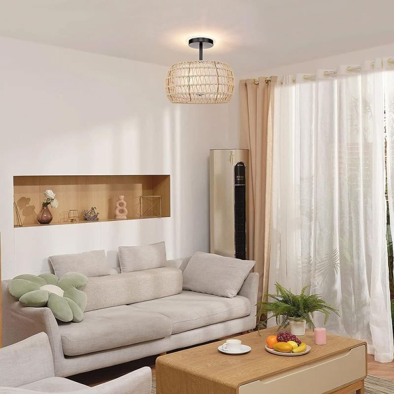 Paper Rope Fabric Flush Mount 32cm Round Lampshade 3 Lights