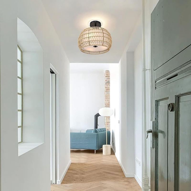 Paper Rope Fabric Flush Mount 32cm Round Lampshade 3 Lights