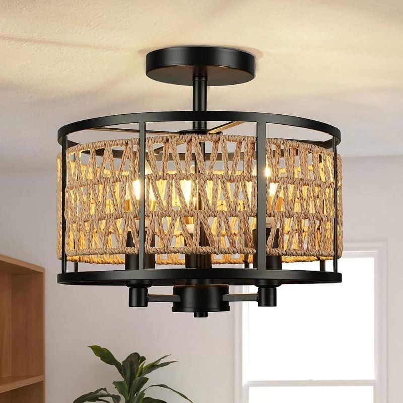 Retro Ceiling Light Black Iron Paper Rope Ceiling Lamp 3 Lights