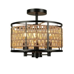 Retro Ceiling Light Black Iron Paper Rope Ceiling Lamp 3 Lights