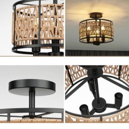 Retro Ceiling Light Black Iron Paper Rope Ceiling Lamp 3 Lights