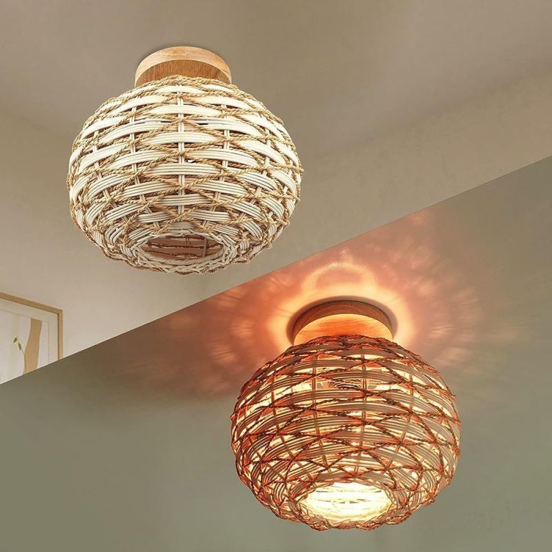 Wood Color Pumpkin Flush Mount Paper Rope Rattan Woven Lampshade