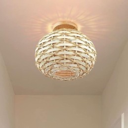 Wood Color Pumpkin Flush Mount Paper Rope Rattan Woven Lampshade
