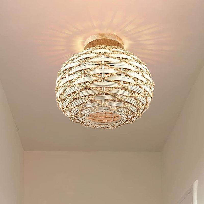 Wood Color Pumpkin Flush Mount Paper Rope Rattan Woven Lampshade