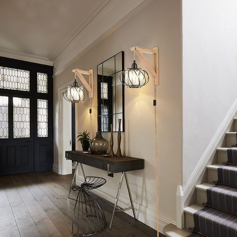 Retro Country Ceiling Light Hemp Rope Iron Bedside Pendant Light With Plug