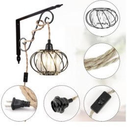 Retro Country Ceiling Light Hemp Rope Iron Bedside Pendant Light With Plug
