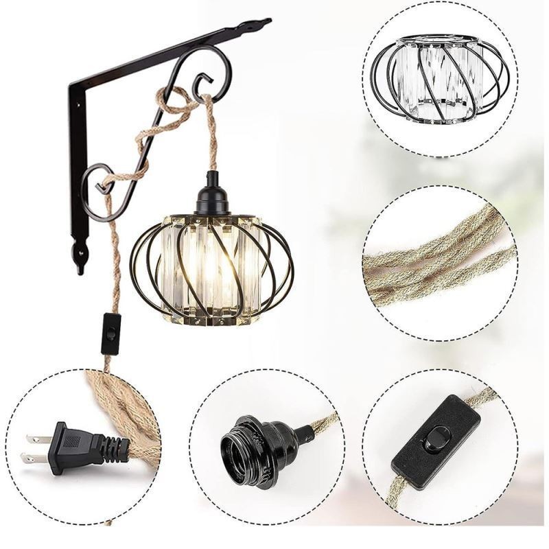 Retro Country Ceiling Light Hemp Rope Iron Bedside Pendant Light With Plug
