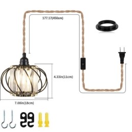 Retro Country Ceiling Light Hemp Rope Iron Bedside Pendant Light With Plug