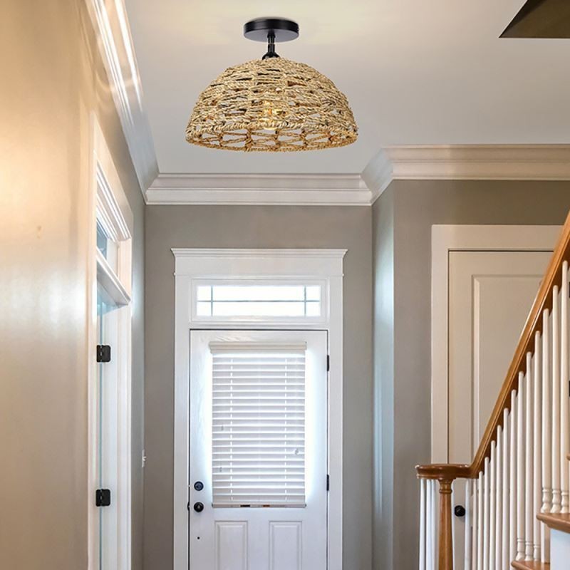 Country Retro Pendant Light Hand Woven Paper Rope Lampshade 30cm