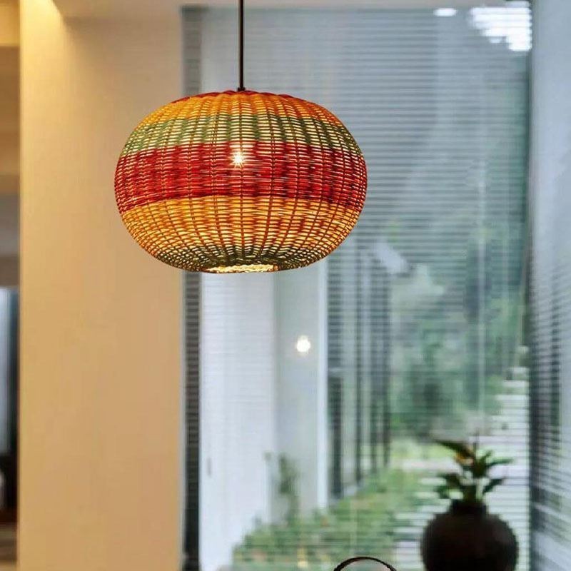 Bamboo And Rattan Pendant Light Colorful Striped Interval Handwoven Lamp Shade Ceiling Lamp