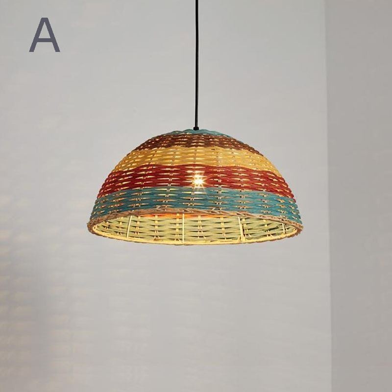 Bamboo And Rattan Pendant Light Colorful Striped Interval Handwoven Lamp Shade Ceiling Lamp
