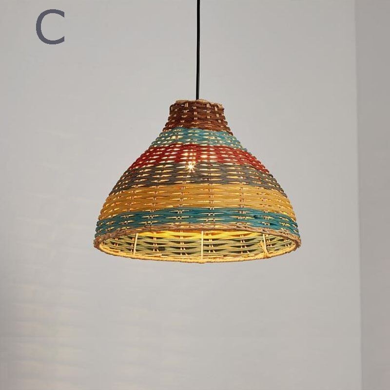 Bamboo And Rattan Pendant Light Colorful Striped Interval Handwoven Lamp Shade Ceiling Lamp