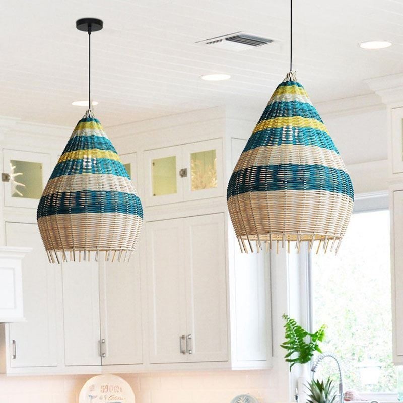 Bamboo And Rattan Pendant Light Striped Interval Handwoven Lampshade Ceiling Lamp