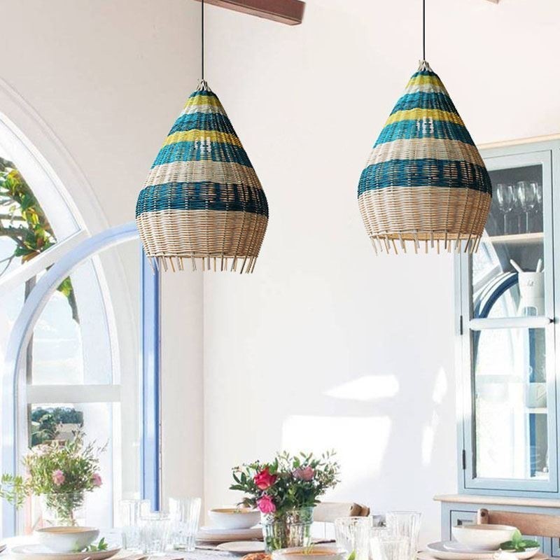 Bamboo And Rattan Pendant Light Striped Interval Handwoven Lampshade Ceiling Lamp