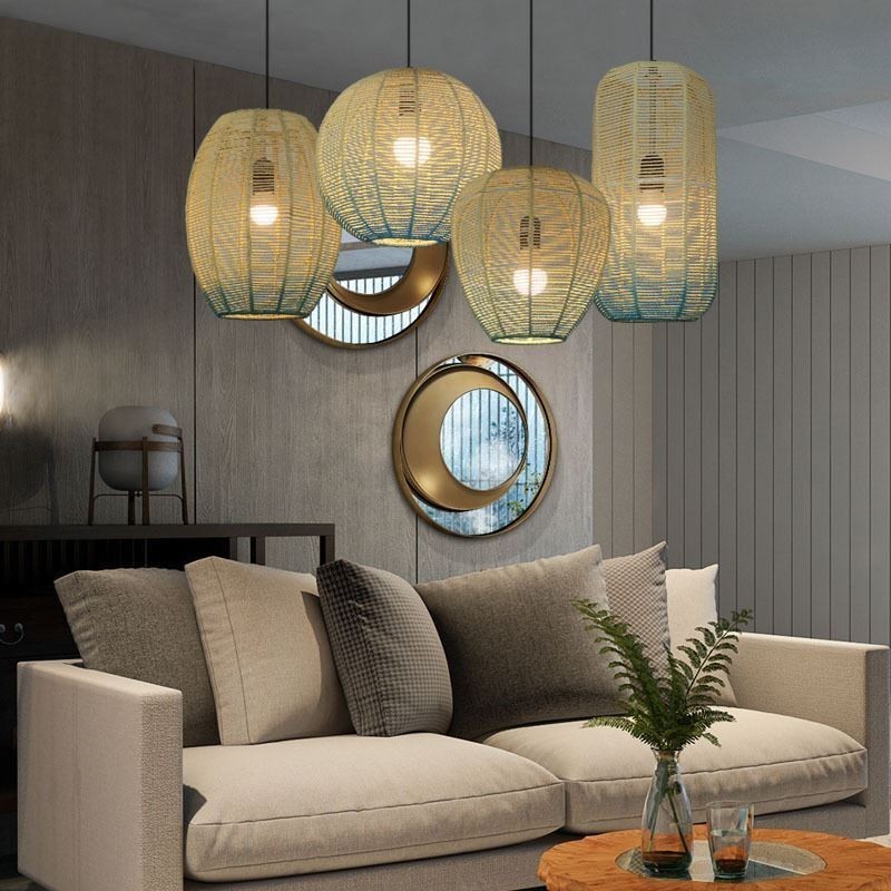Paper Rope Pendant Light Country Retro Gradient Blue Ceiling Lamp