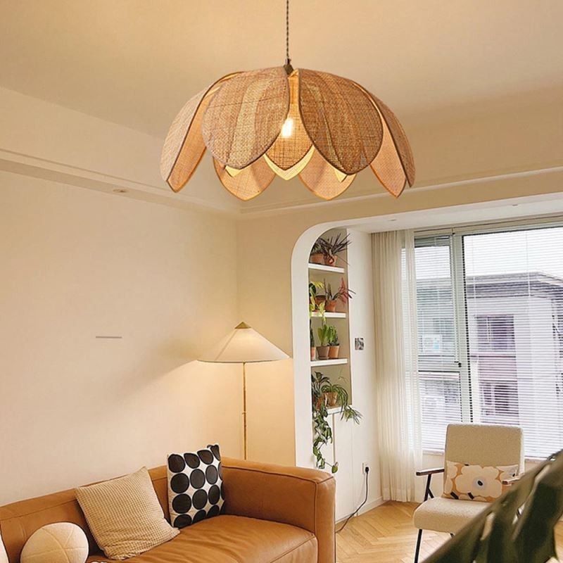 Rattan Lotus Pendant Light Cafe Retro Rattan Art Ceiling Light
