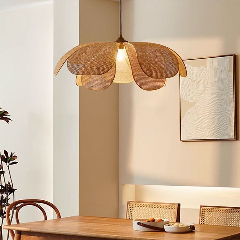 Rattan Petal Pendant Light Wabi Sabi Style Hand Woven Rattan Ceiling Light