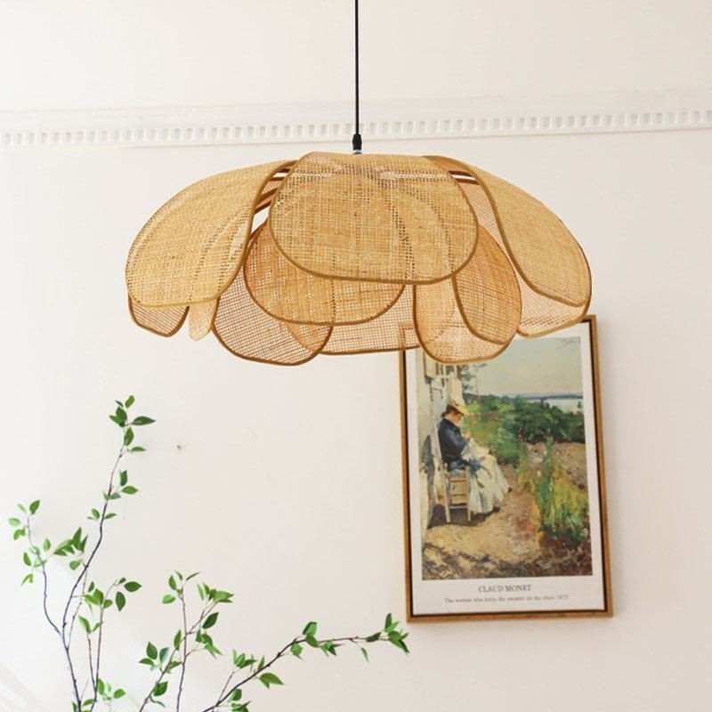 Rattan Petal Pendant Light Wabi Sabi Style Hand Woven Rattan Ceiling Light