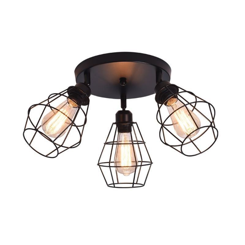 Industrial Flush Mount Ceiling Light Fixture 3 Light Metal Cage Ceiling Lamp