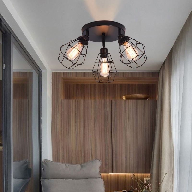 Industrial Flush Mount Ceiling Light Fixture 3 Light Metal Cage Ceiling Lamp