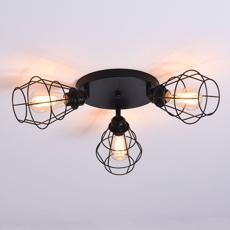 Industrial Flush Mount Ceiling Light Fixture 3 Light Metal Cage Ceiling Lamp