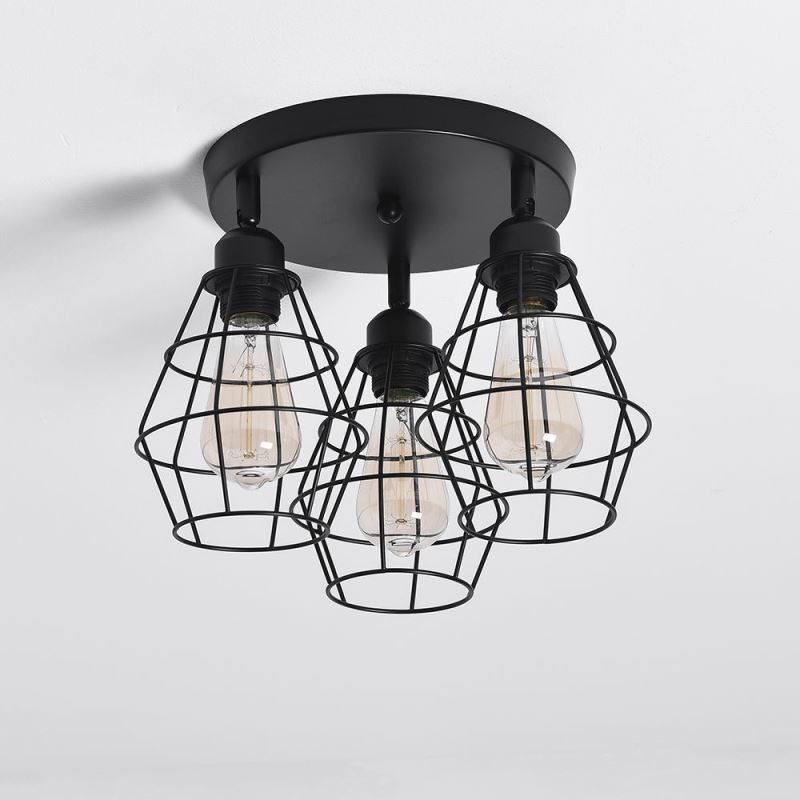 Industrial Flush Mount Ceiling Light Fixture 3 Light Metal Cage Ceiling Lamp