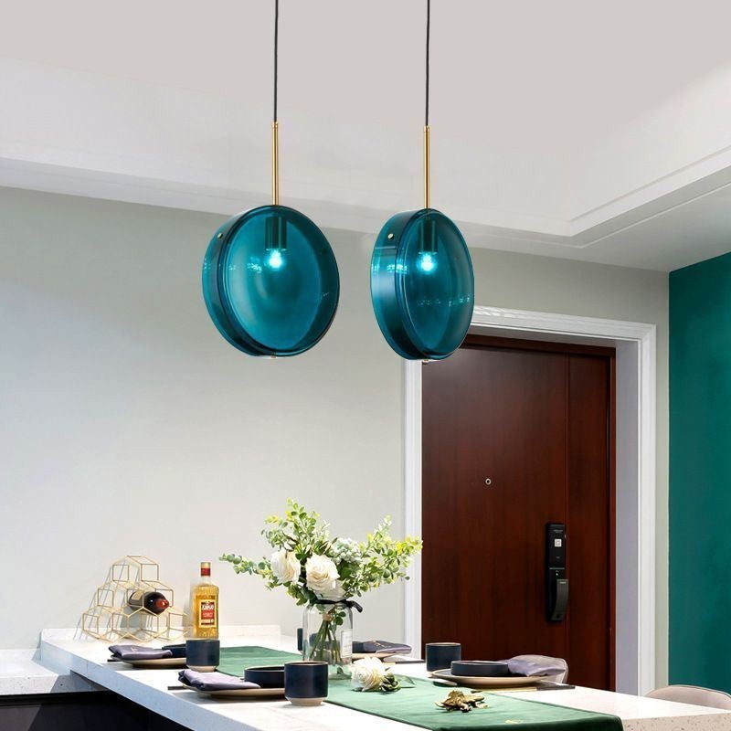 Round Cake Glass Pendant Light Modern Minimalist Wrought Iron Ceiling Light