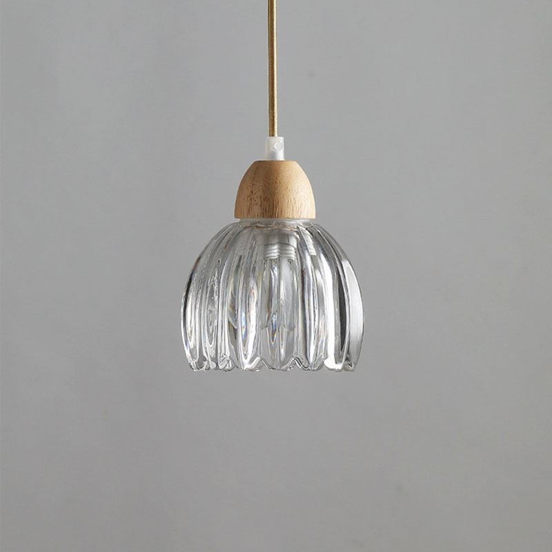 Glass Pendant Light Retro Pastoral Style Island Ceiling Light Rubber Wood Decorative Lamp