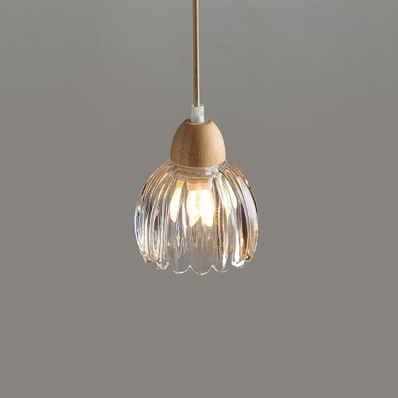 Glass Pendant Light Retro Pastoral Style Island Ceiling Light Rubber Wood Decorative Lamp
