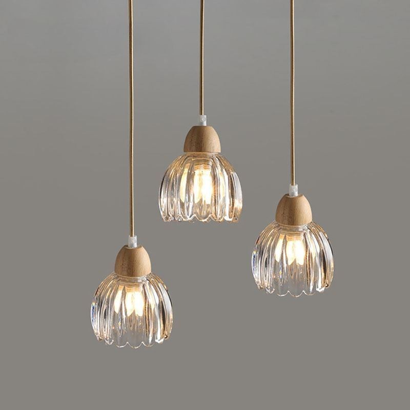 Glass Pendant Light Retro Pastoral Style Island Ceiling Light Rubber Wood Decorative Lamp