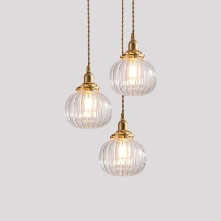 Glass Pendant Light Clear Round Ribbed Pumpkin Shape Lamp 1 Light