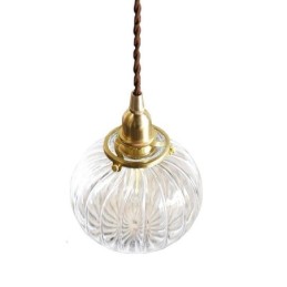 Glass Pendant Light Clear Round Ribbed Pumpkin Shape Lamp 1 Light