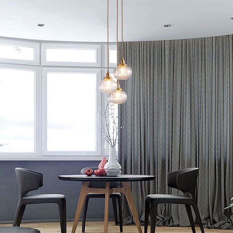 Glass Pendant Light Clear Round Ribbed Pumpkin Shape Lamp 1 Light