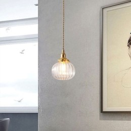 Glass Pendant Light Clear Round Ribbed Pumpkin Shape Lamp 1 Light