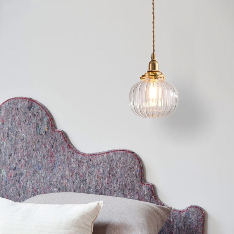 Glass Pendant Light Clear Round Ribbed Pumpkin Shape Lamp 1 Light