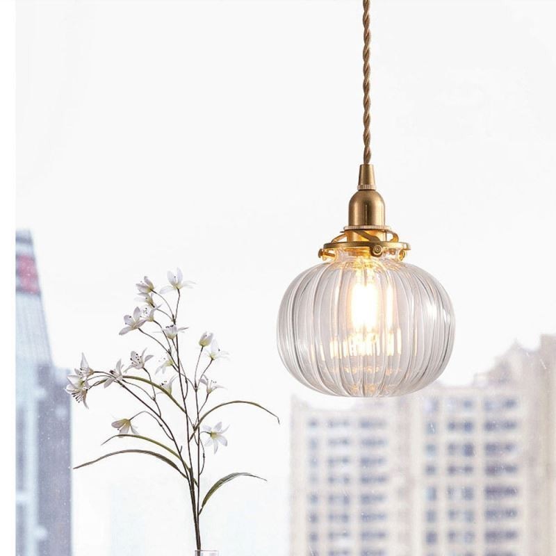 Glass Pendant Light Clear Round Ribbed Pumpkin Shape Lamp 1 Light