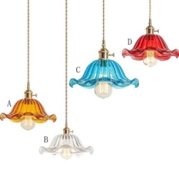 Vintage Colorful Ribbed Glass Pendant Light Flower Shade Lamp With Twist Switch Light