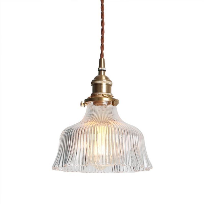 Dome Large Clear Ribbed Glass Pendant Light with Brass Holder Twist Switch