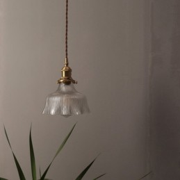 Dome Large Clear Ribbed Glass Pendant Light with Brass Holder Twist Switch