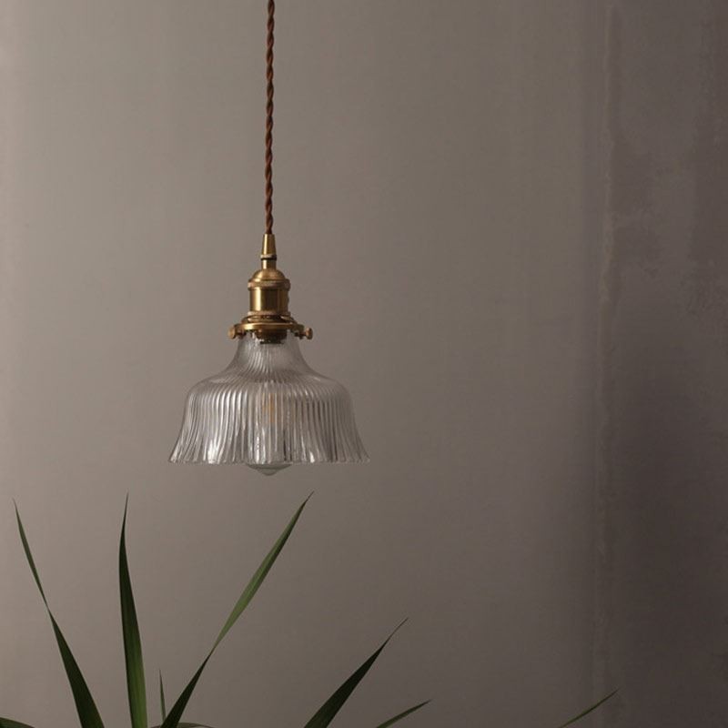 Dome Large Clear Ribbed Glass Pendant Light with Brass Holder Twist Switch