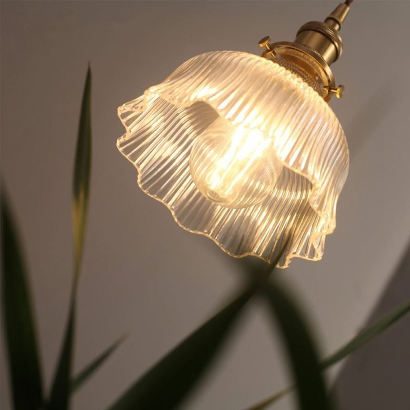 Dome Large Clear Ribbed Glass Pendant Light with Brass Holder Twist Switch