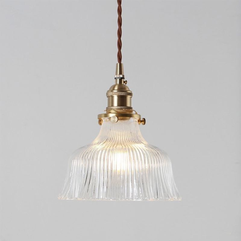 Dome Large Clear Ribbed Glass Pendant Light with Brass Holder Twist Switch