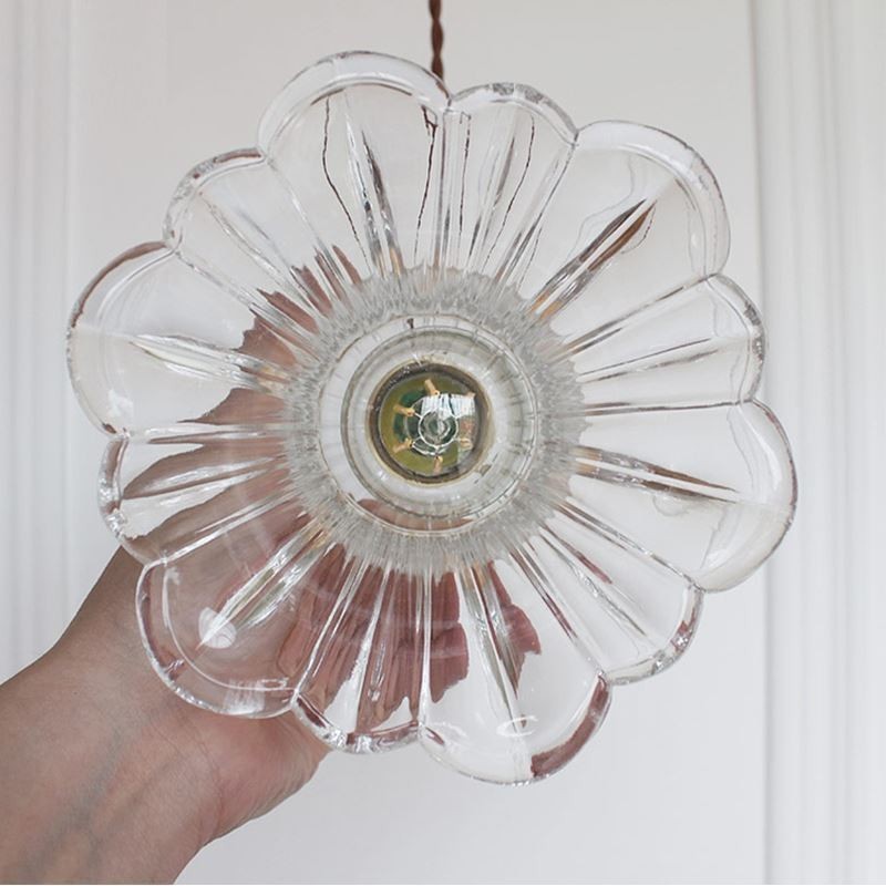 Clear Ribbed Glass Pendant Light Flower Shape Lamp With Twist Switch
