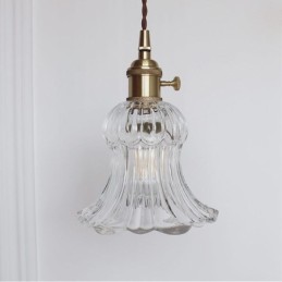 Clear Ribbed Glass Pendant Light Flower Shape Lamp With Twist Switch