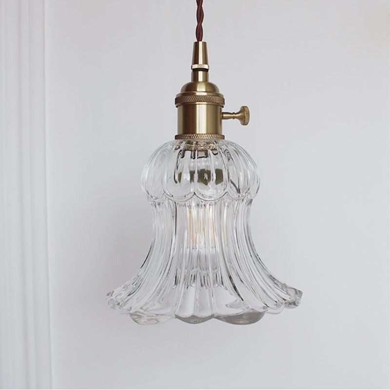 Clear Ribbed Glass Pendant Light Flower Shape Lamp With Twist Switch