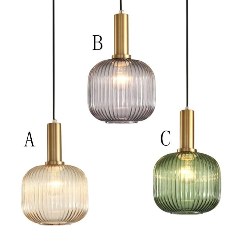 Ribbed Glass Pendant Light with Brass Holder